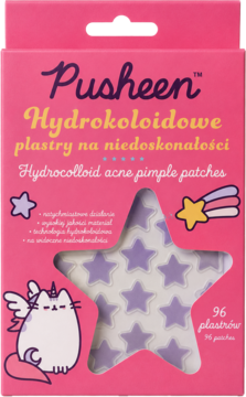 Różowe pudełko Pusheen z gwiazdkowymi plastrami hydrokoloidowymi na niedoskonałości, widok z przodu, kotek jednorożec.