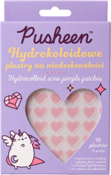Fioletowe opakowanie Pusheen hydrokoloidowych plastrów na niedoskonałości, z widocznymi różowymi sercami i kotem.