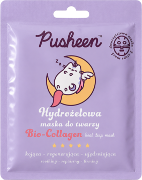 Fioletowa saszetka hydrożelowej maski Pusheen Bio-Collagen z kotem na księżycu. Widok z przodu. Kojąca, regenerująca i ujędrniająca.