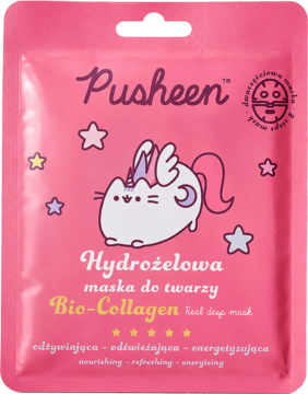 Różowa saszetka maski Pusheen Bio-Collagen, widok z przodu. Przedstawia kota jednorożca z gwiazdkami, tekstura hydrożelowa.