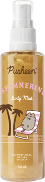Złota mgiełka do ciała Pusheen Shimmering Body Mist z brokatem, butelka z kotem na plaży, tropikalny zapach.