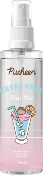 Pusheen Refreshing Face Mist 100 ml, przezroczysta butelka z różowo-niebieską etykietą i grafiką Pusheen w napoju.