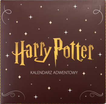 Brązowy kwadratowy kalendarz adwentowy Harry Potter, złote logo, białe gwiazdki i napisy na przodzie.