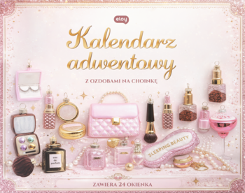 Kalendarz adwentowy, różowy z ozdobami beauty stylizowanymi na kosmetyki do zawieszenia na choince.