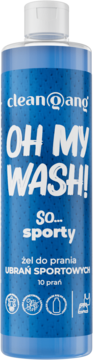 clean@ang OH MY WASH! SO... sporty żel do prania ubrań sportowych, niebieska butelka z białą nakrętką, widok z przodu.
