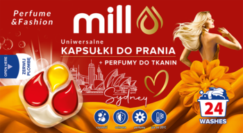 MILL Kapsułki do prania Perfume&Fashion Sydney, 24 szt., czerwone opakowanie z żółtym materiałem i kapsułkami.
