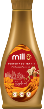 MILL Perfumy do tkanin Perfume&Fashion SYDNEY 750ml, złota butelka, czerwona etykieta z Operą Sydney.