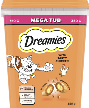 Dreamies przysmaki dla kota, MEGA TUB 350g kurczak, pomarańczowe opakowanie z kreskówkowym kotem, widok z przodu.