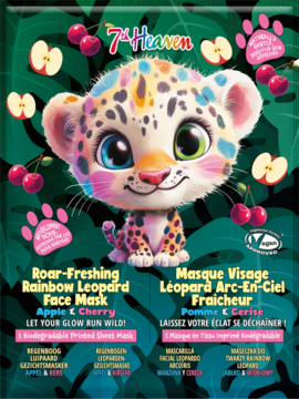 7th Heaven Roar-Freshing Rainbow Leopard maseczka w płachcie. Zielona saszetka z wesołym lampartem, owocami.