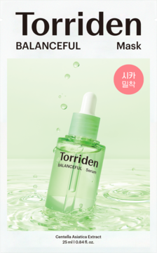 Maska Torriden Balanceful w białej saszetce, z grafiką zielonego serum Cica. Łagodzi, wzmacnia barierę, widok z przodu.