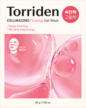 Torriden CELLMAZING Firming Gel Mask w białej saszetce z różowymi bąbelkami, ujędrniająca i przeciwzmarszczkowa.