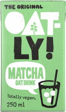 Front zielonego opakowania Oatly Matcha Oat Drink 250ml, z biało-czarnym logo i grafiką napoju.