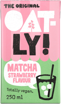 Różowo-zielony karton Oatly! napoju owsianego Matcha o smaku truskawkowym, 250ml, z ilustracją szklanki, widok z przodu.
