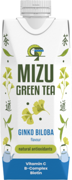 Mizu Green Tea Ginkgo Biloba, biały karton z zielonymi liśćmi, Vitamin C, B-Complex i Biotin. Widok z przodu.