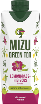Biały karton napoju Mizu Green Tea Lemongrass-Hibiscus, z zieloną zakrętką, kwiatami hibiskusa i cytrynami.