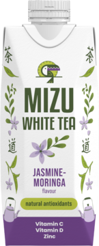 Mizu White Tea Jasmine-Moringa w białym kartoniku z zielonymi liśćmi i fioletowymi kwiatami, witaminy C, D, cynk.