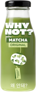 Zielony napój matcha WHY NOT? Original w szklanej butelce z czarną nakrętką, front opakowania.