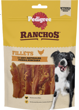 Pedigree Ranchos Fillets Kurczak 180g w żółto-beżowej torebce z widocznymi przysmakami i uśmiechniętym psem.