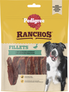 Pedigree Ranchos Fillets Kaczka, żółta torebka z suszonymi smakołykami dla psów i border collie.