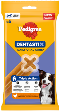 Żółto-fioletowe opakowanie Pedigree Dentastix Daily Oral Care dla średnich psów, 5 sztuk, widok z przodu.