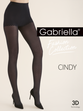 Czarne rajstopy Gabriella Fashion Collection CINDY z delikatnym geometrycznym wzorem na nodze modelki w szpilkach.