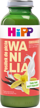 Zielona butelka HiPP Posiłek do picia WANILIA, bez laktozy, z grafiką wanilii i mleka, widok z przodu.