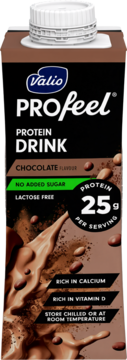 Czekoladowy napój proteinowy Valio PROfeel, 25g białka, bez cukru i laktozy. Widok z przodu kartonu.