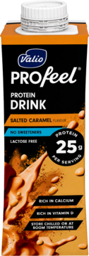 Valio Profeel Protein Drink Salted Caramel, czarny karton z białym korkiem, 25g białka, płynny karmel.