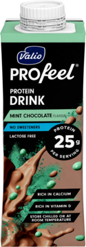 Valio PROfeel napój proteinowy mięta-czekolada, 25g białka, bez laktozy, czarny karton z zielonymi plamami.