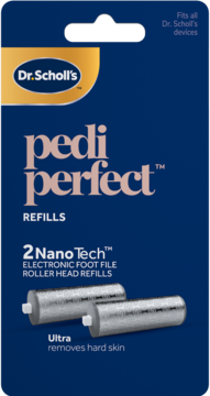 Opakowanie Dr. Scholl's Pedi Perfect Nano Tech z 2 wkładami Ultra do elektronicznego pilnika do stóp, usuwającymi twardą skórę.