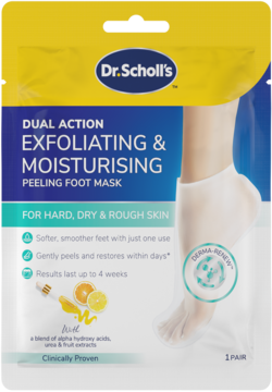 Dr. Scholl's maska peelingująca do stóp złuszczająco-nawilżająca, w żółto-niebieskiej saszetce, przód.