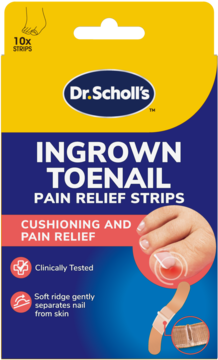 Dr. Scholl's Ingrown Toenail Pain Relief Strips, żółto-niebieskie opakowanie 10 szt., ulga w bólu, klinicznie testowane.