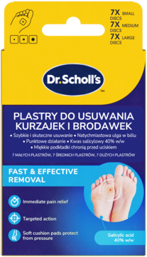 Dr. Scholl's Plastry na Kurzajki i Brodawki, żółto-niebieskie opakowanie, kwas salicylowy 40%, widok z przodu.