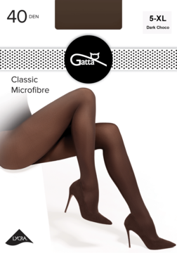 Rajstopy Gatta 40 DEN Classic Microfibre Dark Choco (5-XL) na modelce; opakowanie z logo Gatta na białym tle.