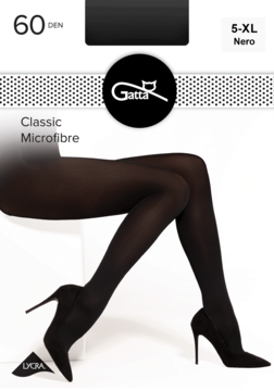 Czarne rajstopy Gatta Classic Microfibre 60 DEN Nero, 5-XL, na nogach modelki z butami, widoczne opakowanie.