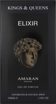 Czarny kartonik perfum Amaran Kings & Queens Elixir 100ml z metalową rzeźbioną głową, widok z przodu.