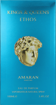 Amaran Kings & Queens Ethos perfumy, turkusowe pudełko ze złotą rzeźbą męskiej głowy, widok z przodu.