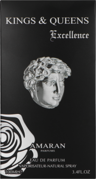 Czarne pudełko perfum Amaran Kings & Queens Excellence 100ml, z srebrnym popiersiem i napisem, widok z przodu.