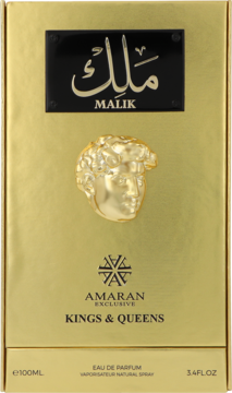 Złote pudełko Amaran Kings & Queens Malik Eau de Parfum 100ml z czarną etykietą i złotą głową Meduzy na froncie.