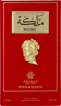 Czerwone pudełko Amaran Kings & Queens Malika EDP 100ml. Złota plakietka z nazwą i rzeźbiona głowa.