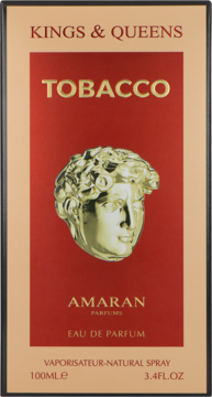 Front of Amaran Kings & Queens Tobacco perfume box, red with gold text, golden classical bust, 100ml.