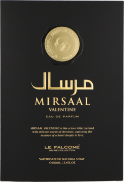 Czarna woda perfumowana unisex Le Falconé Mirsaal Valentine, cytrusowo-ziołowy zapach, złote napisy, widok z przodu.