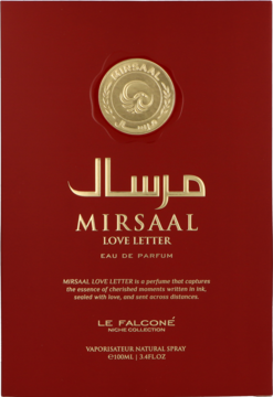 Mirsaal Love Letter woda perfumowana, czerwone pudełko z złotym logo i napisem, widok z przodu.