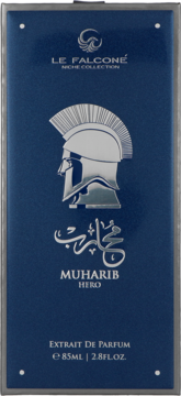 Le Falcone Muharib Hero męski extrait de parfum, granatowe opakowanie z metalowym hełmem i srebrnym logo.