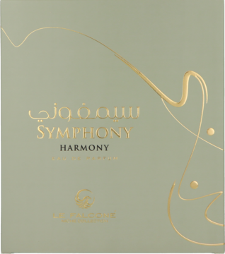 Le Falcone Symphony Harmony Eau de Parfum. Eleganckie, miętowo-zielone opakowanie ze złotymi napisami i wzorami.