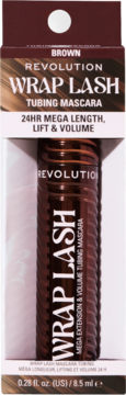 Brązowa Revolution Wrap Lash Tubing Mascara w białym kartoniku, widok z przodu, 24HR Mega Length, Lift & Volume.