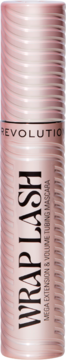 Revolution Wrap Lash Tubing Mascara, różowa metaliczna tubka z czarnym napisem dla mega wydłużenia i objętości.
