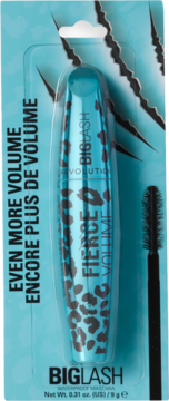 Wodoodporny tusz Big Lash Fierce Volume w turkusowym blistrze, z cętkami i pazurami na opakowaniu.