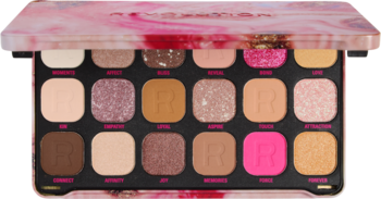 Forever Flawless Affinity Palette, otwarta. 18 cieni do powiek: róże, beże, brzoskwinie z matowym i błyszczącym finiszem.