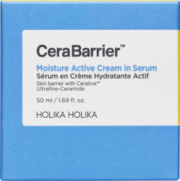 Holika Holika CeraBarrier Moisture Active Cream in Serum, nawilżający krem-serum do twarzy w niebiesko-białym pudełku.